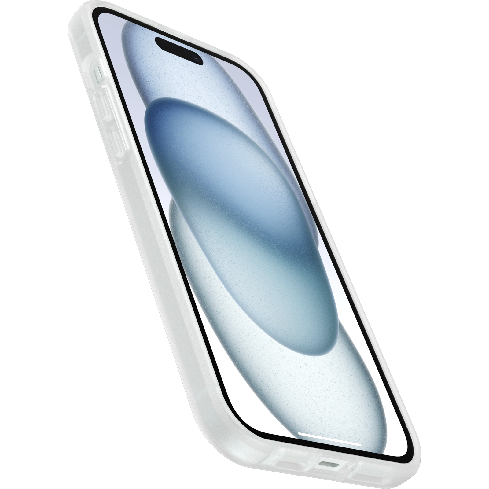 Ein Smartphone mit weißem Rand und einem abstrakten blauen Hintergrund auf dem Bildschirm, aus seitlicher Perspektive aufgenommen.