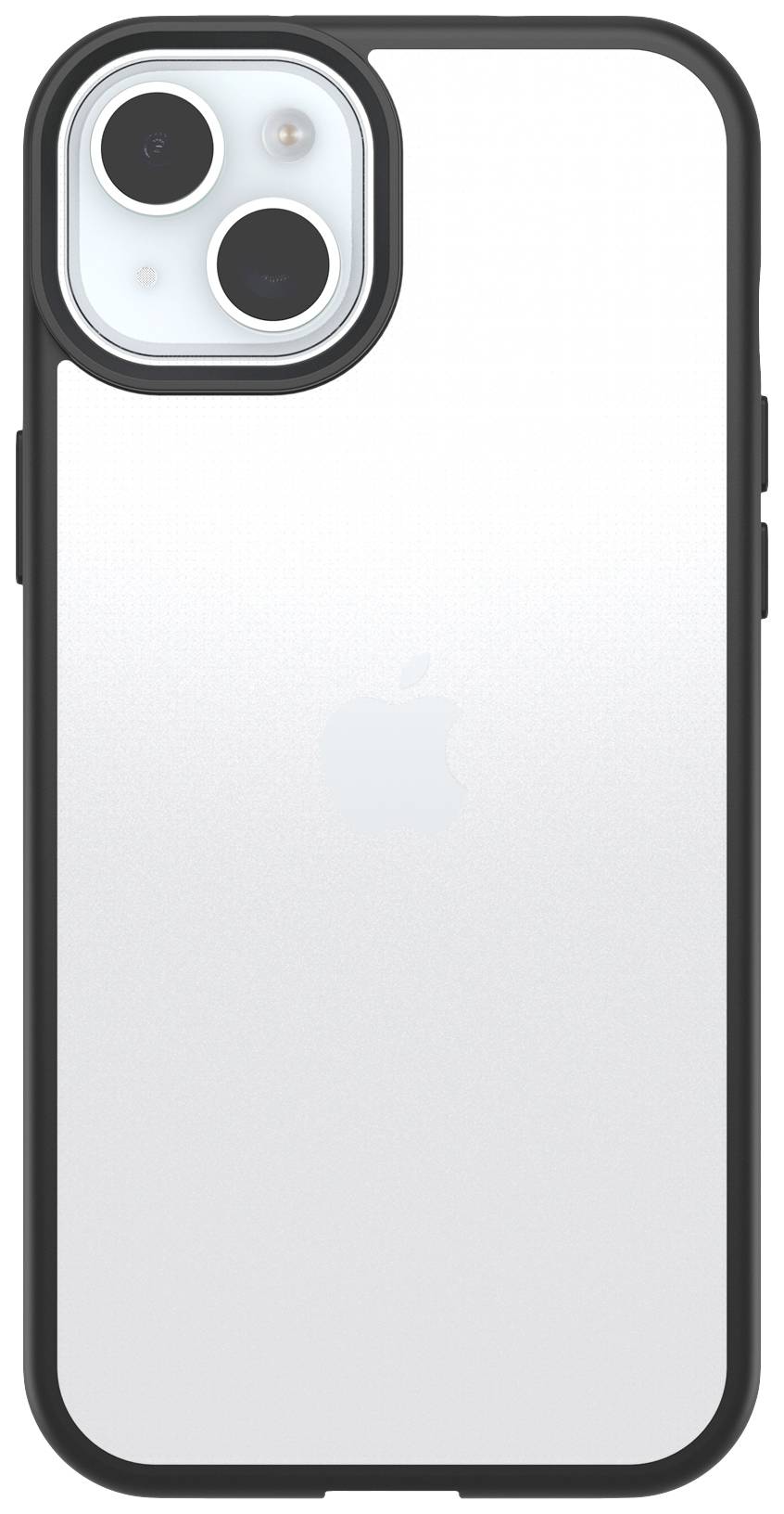 Ein Smartphone mit schwarzer Schutzhülle zeigt die Rückseite mit zwei Kameralinsen und dem Apfel-Logo.