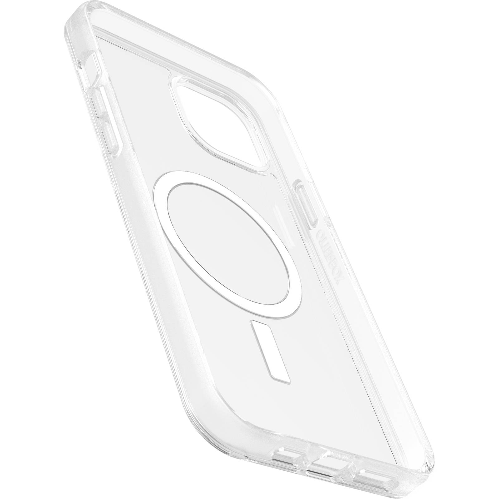 Durchsichtige Handyhülle mit kreisförmigem Magnetring auf der Rückseite, designed für kabelloses Laden und Kompatibilität mit MagSafe-Zubehör.