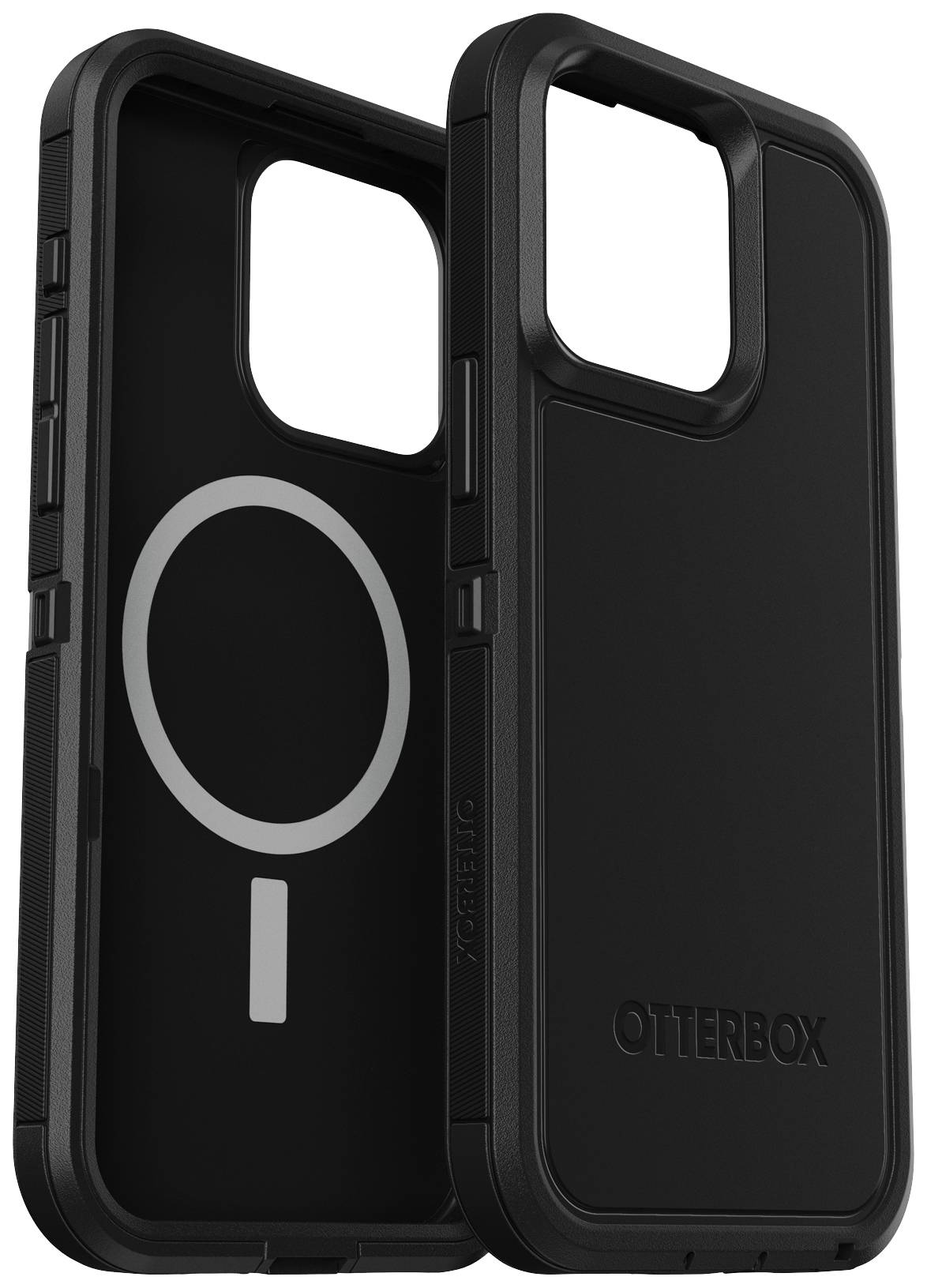 Schwarze Otterbox-Handyhülle mit MagSafe-Kompatibilität, robustem Design und präzisen Aussparungen. Schutz für Smartphones.