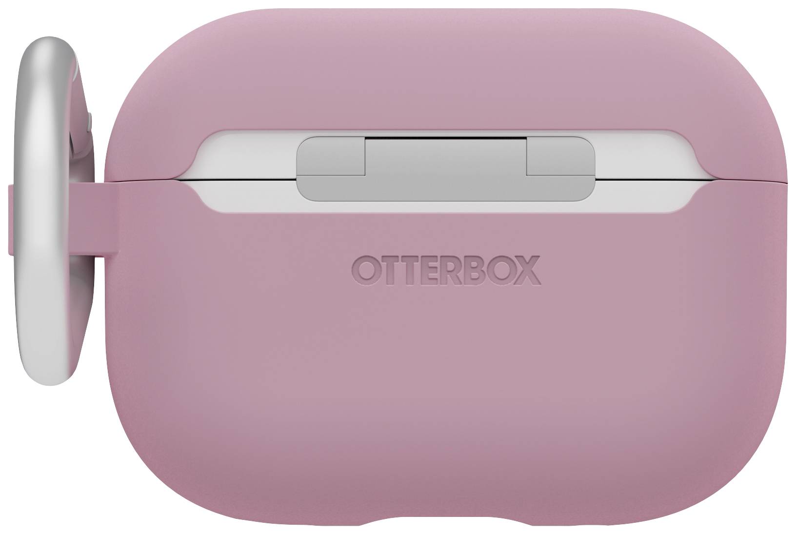 Eine rosa Otterbox-Hülle für AirPods mit einem silbernen Ring oben links.