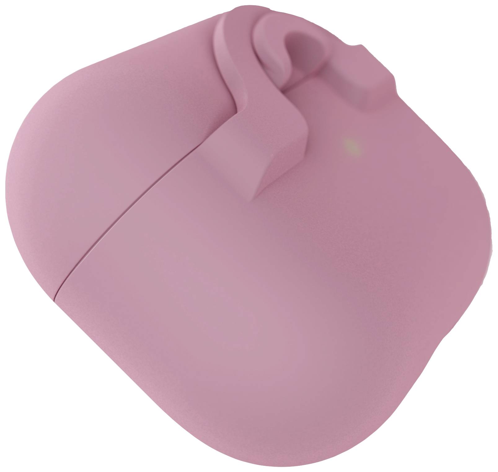 Rosa Computermaus mit ergonomischem Design, geschwungene Form zur Handgelenksunterstützung, ohne sichtbare Tasten oder Scrollrad.