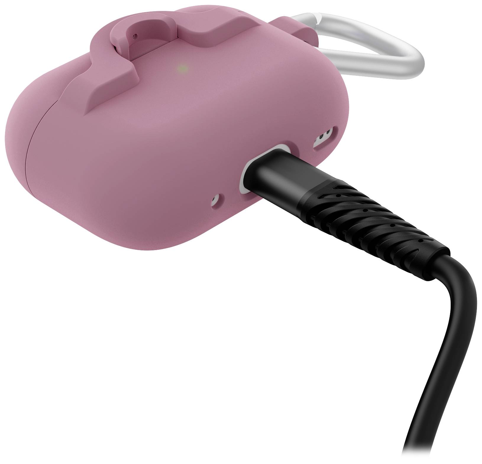 Rosa Silikonhülle für kabellose Ohrhörer mit Karabinerhaken und angeschlossenem Ladekabel.