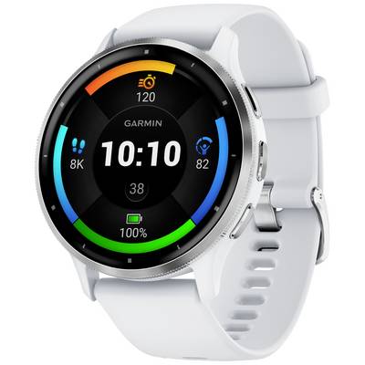 Eine Smartwatch mit weißem Armband zeigt Schritte, Kalorien, Herzfrequenz und Akkustand auf einem farbigen Display an.