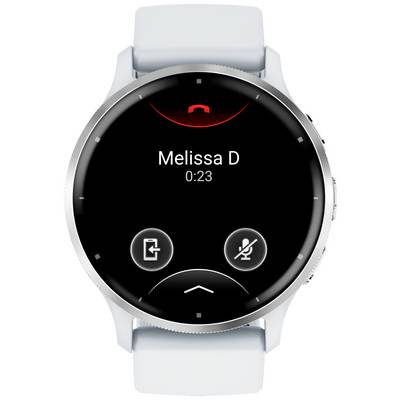 Runde Smartwatch mit grauem Band zeigt einen Telefonbildschirm, auf dem ein Anruf mit 'Melissa D' angezeigt wird, Dauer: 23 Sekunden.