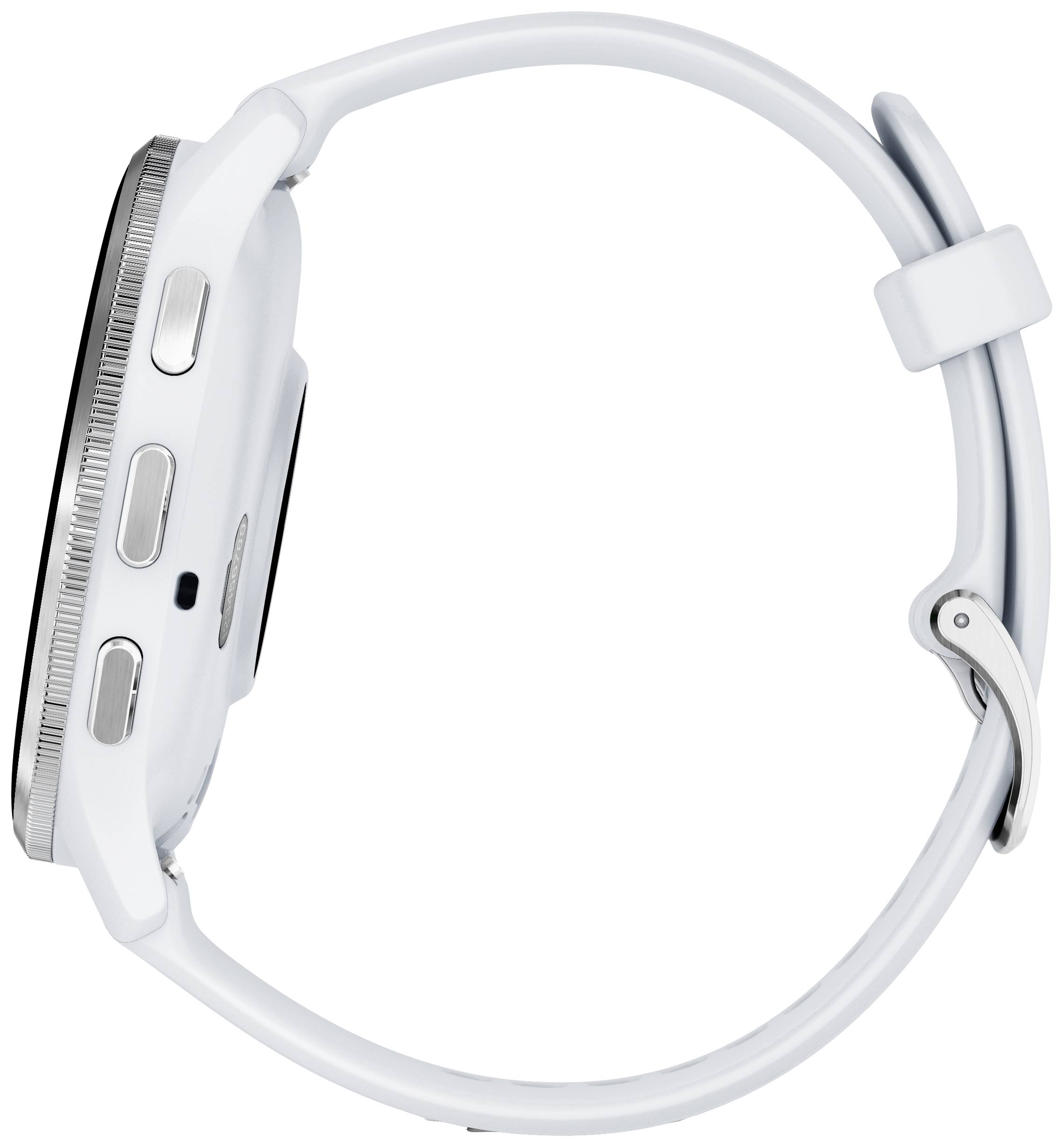 Weiße Smartwatch von der Seite, zeigt Tasten und Uhrengehäuse.