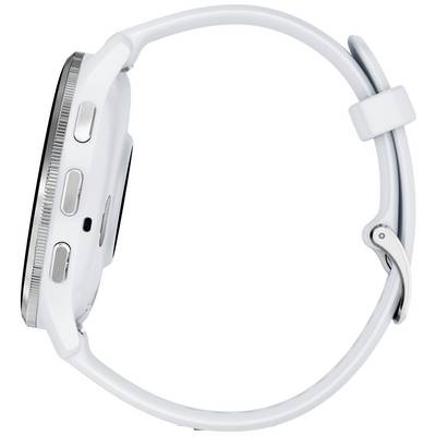 Weiße Smartwatch von der Seite, zeigt Tasten und Uhrengehäuse.