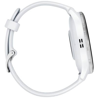 Seitenansicht einer modernen, weißen Smartwatch mit rundem Zifferblatt und glattem Armband.