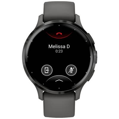 Smartwatch mit aktivem Telefonanruf. Der Bildschirm zeigt 'Melissa D' und die Anrufdauer von 0:23 an. Symbole für Stummschalten und Anruf beenden sind sichtbar.