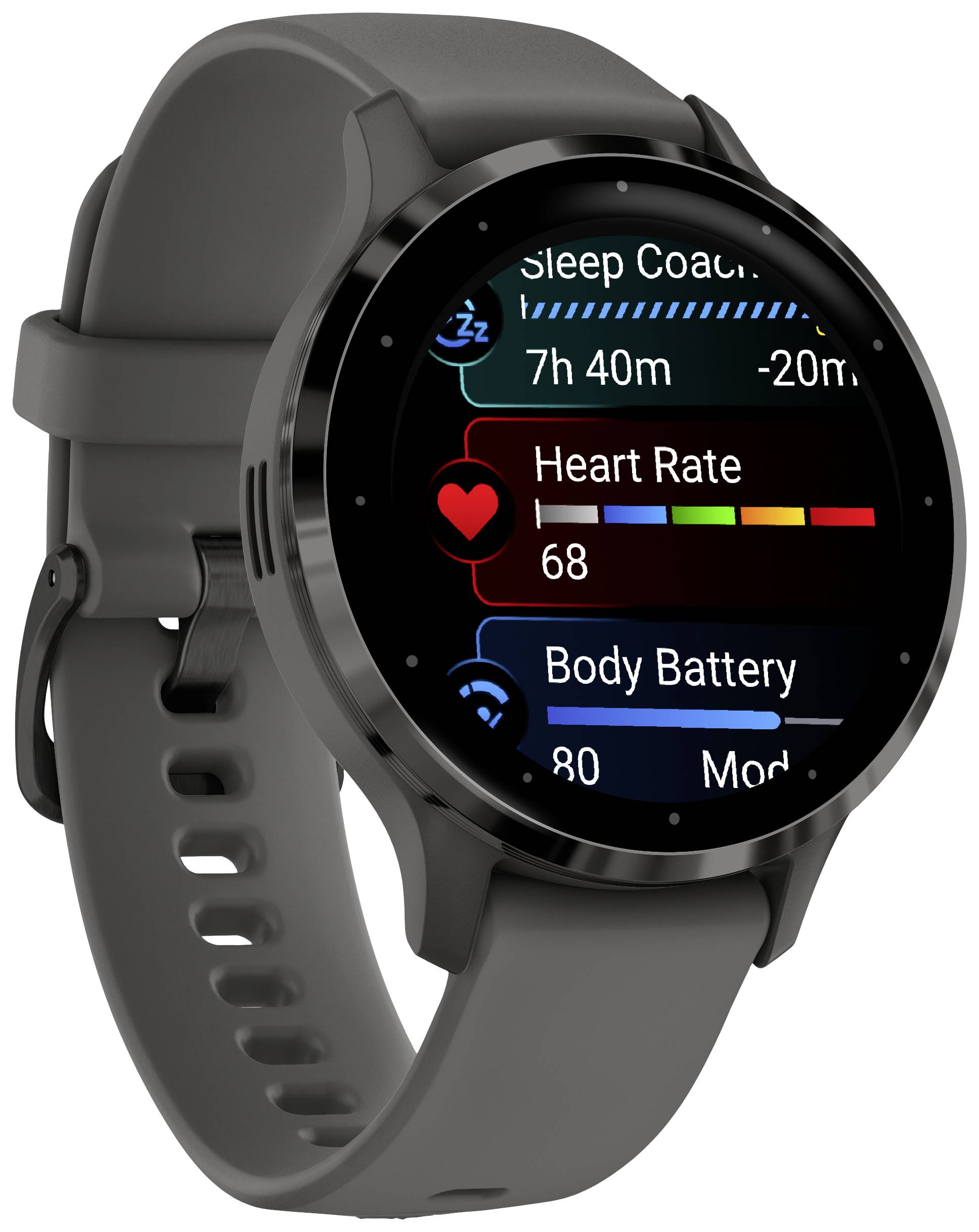 Eine Smartwatch mit grauem Armband zeigt auf dem Display: 'Herzfrequenz 68', 'Body Battery 80' und 'Schlafcoach 7h 40m'.