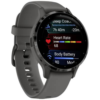 Eine Smartwatch mit grauem Armband zeigt auf dem Display: 'Herzfrequenz 68', 'Body Battery 80' und 'Schlafcoach 7h 40m'.