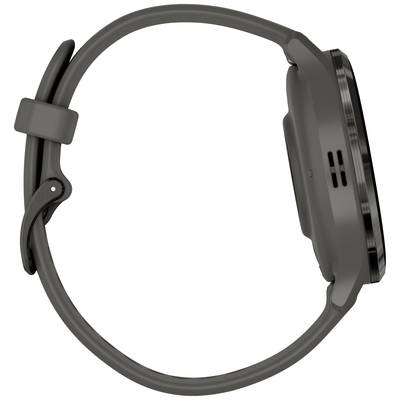 Seitenansicht einer grauen Armbanduhr mit rundem Gehäuse und Silikonarmband. Keine sichtbaren Details auf dem Zifferblatt.