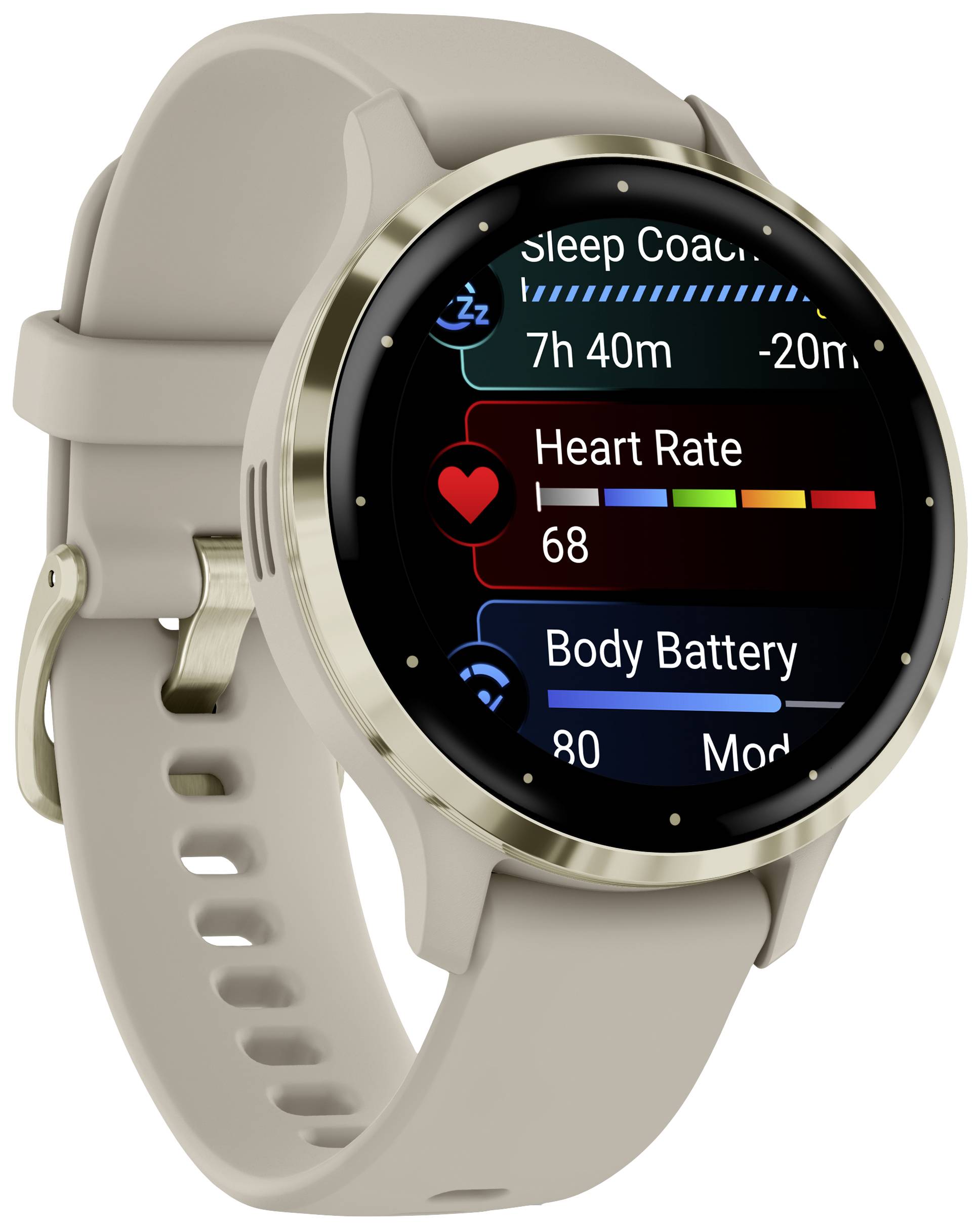 Smartwatch mit rundem Display zeigt Gesundheitsdaten: 'Herzfrequenz: 68', 'Body Battery: 80'. Armband ist beige.