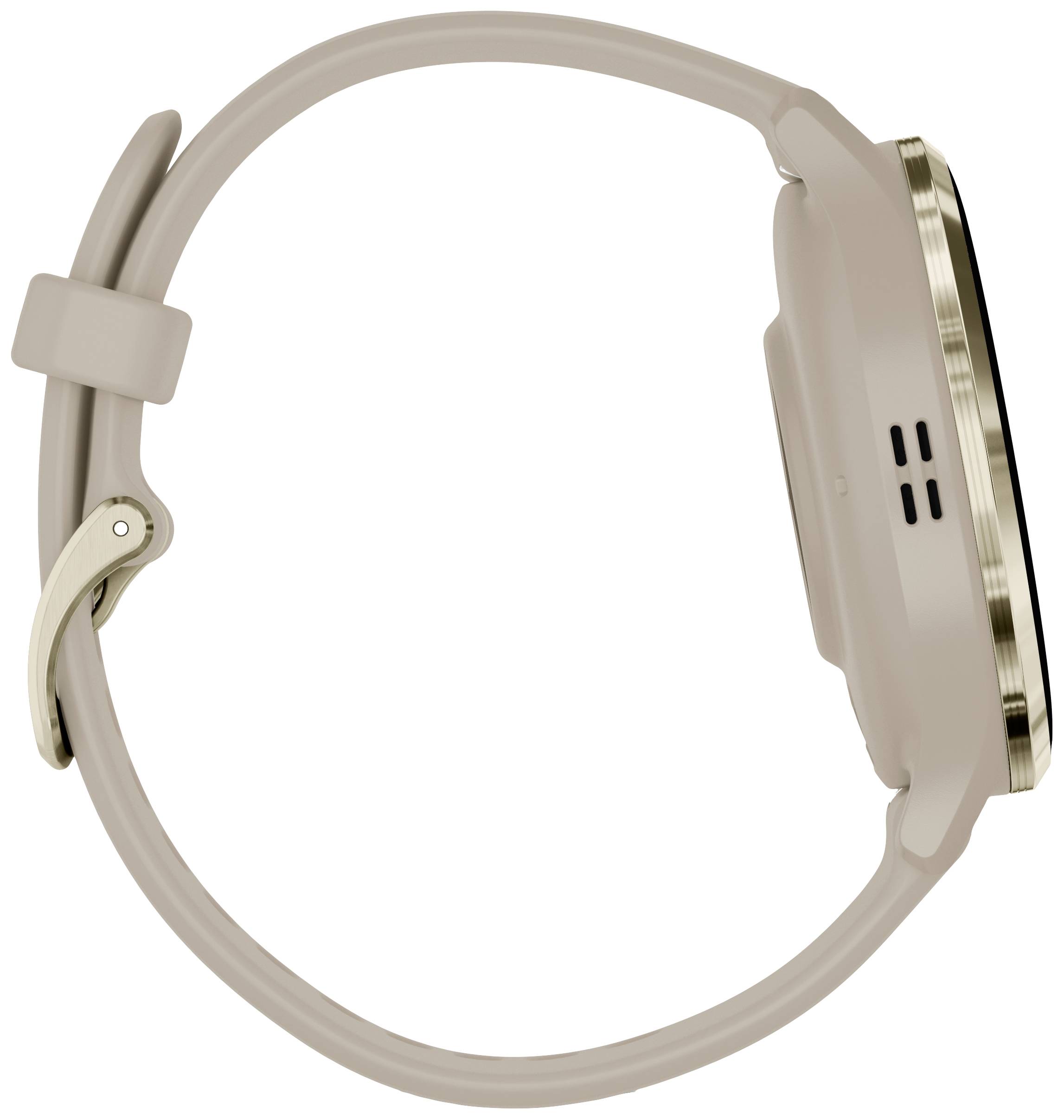 Eine beige Smartwatch von der Seite betrachtet, mit rundem Gehäuse und glattem Band.