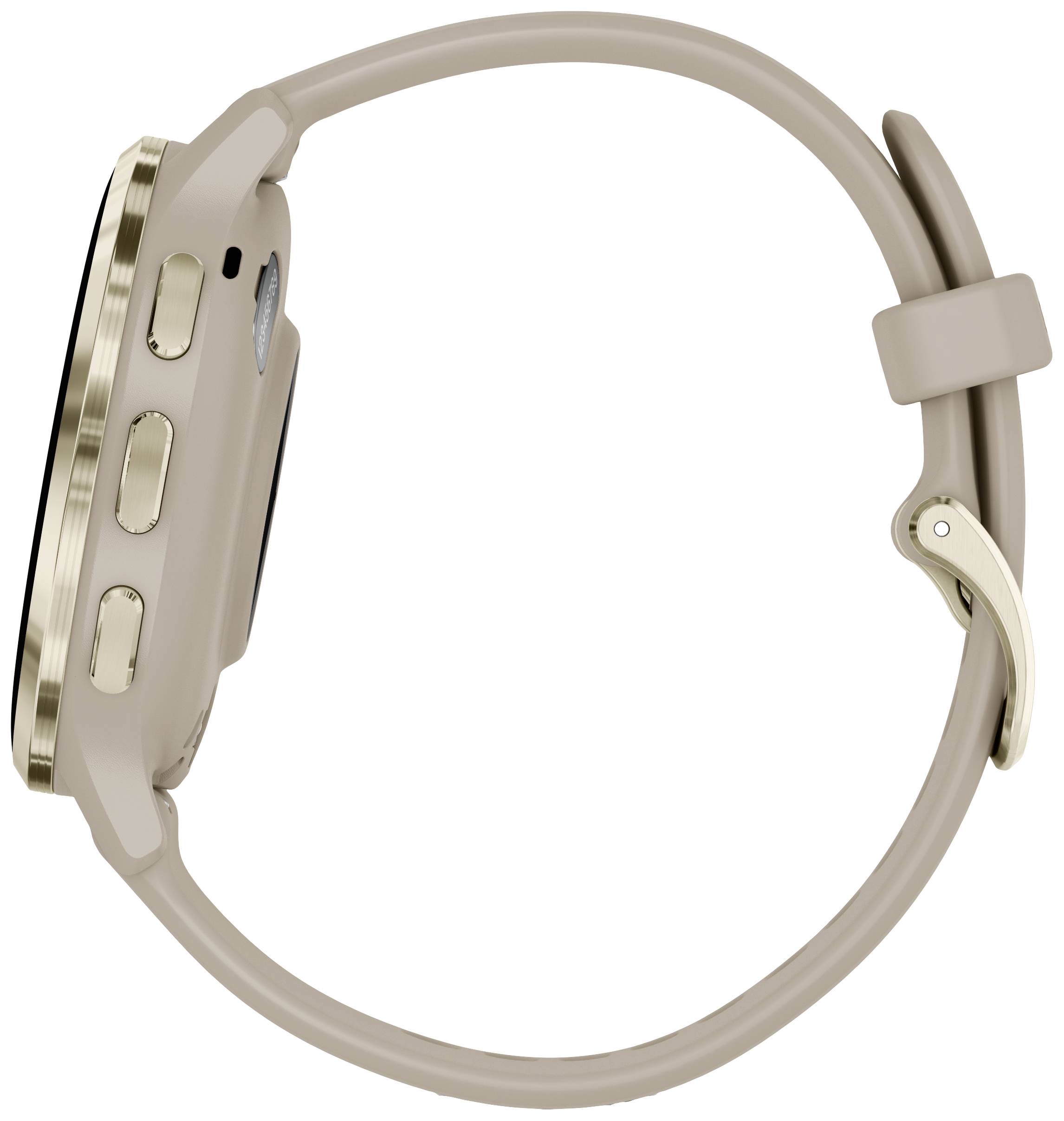 Eine smarte Uhr in Beige mit rundem Zifferblatt und goldfarbenem Gehäuse, seitlich gezeigt, Fokus auf Tasten und schlankes Design.