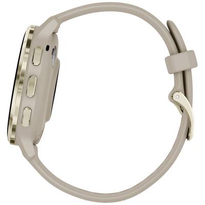 Eine smarte Uhr in Beige mit rundem Zifferblatt und goldfarbenem Gehäuse, seitlich gezeigt, Fokus auf Tasten und schlankes Design.