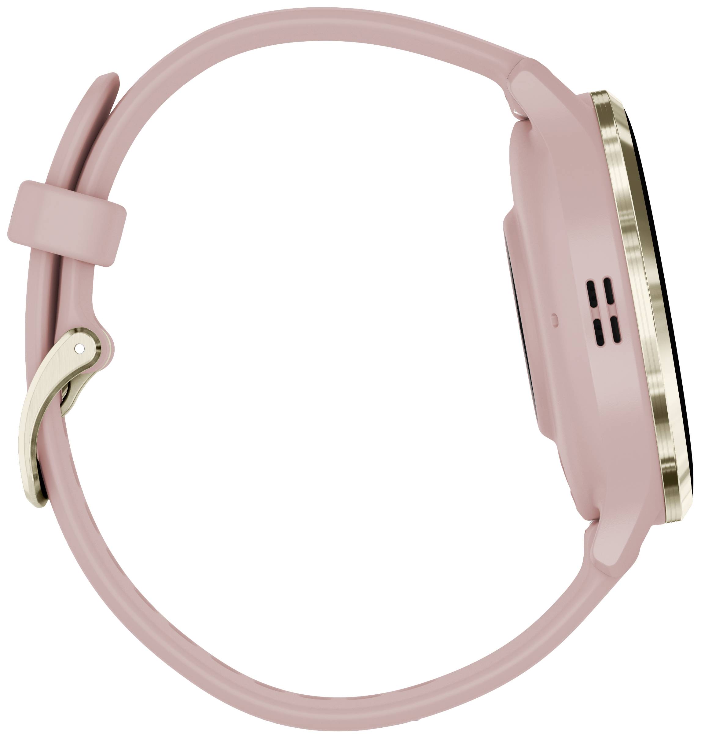 Eine rosafarbene Smartwatch von der Seite, mit rundem Gehäuse und glattem Armband, zeigt ein schlichtes, modernes Design.