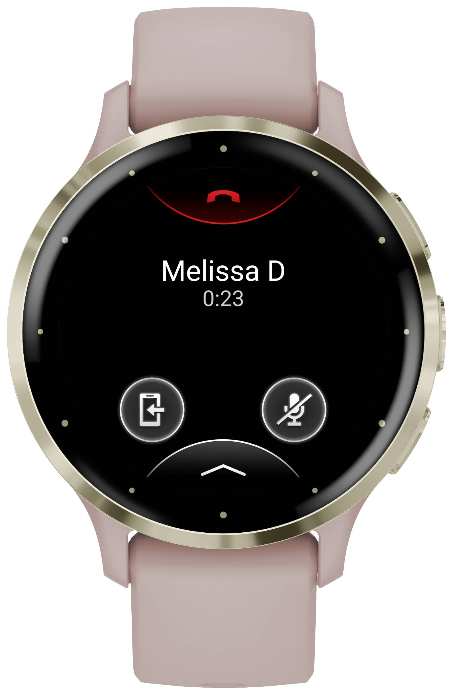 Smartwatch mit rosa Armband zeigt aktiven Anrufbildschirm. Name 'Melissa D', Anrufzeit 0:23. Symbole für Stummschalten und Auflegen.