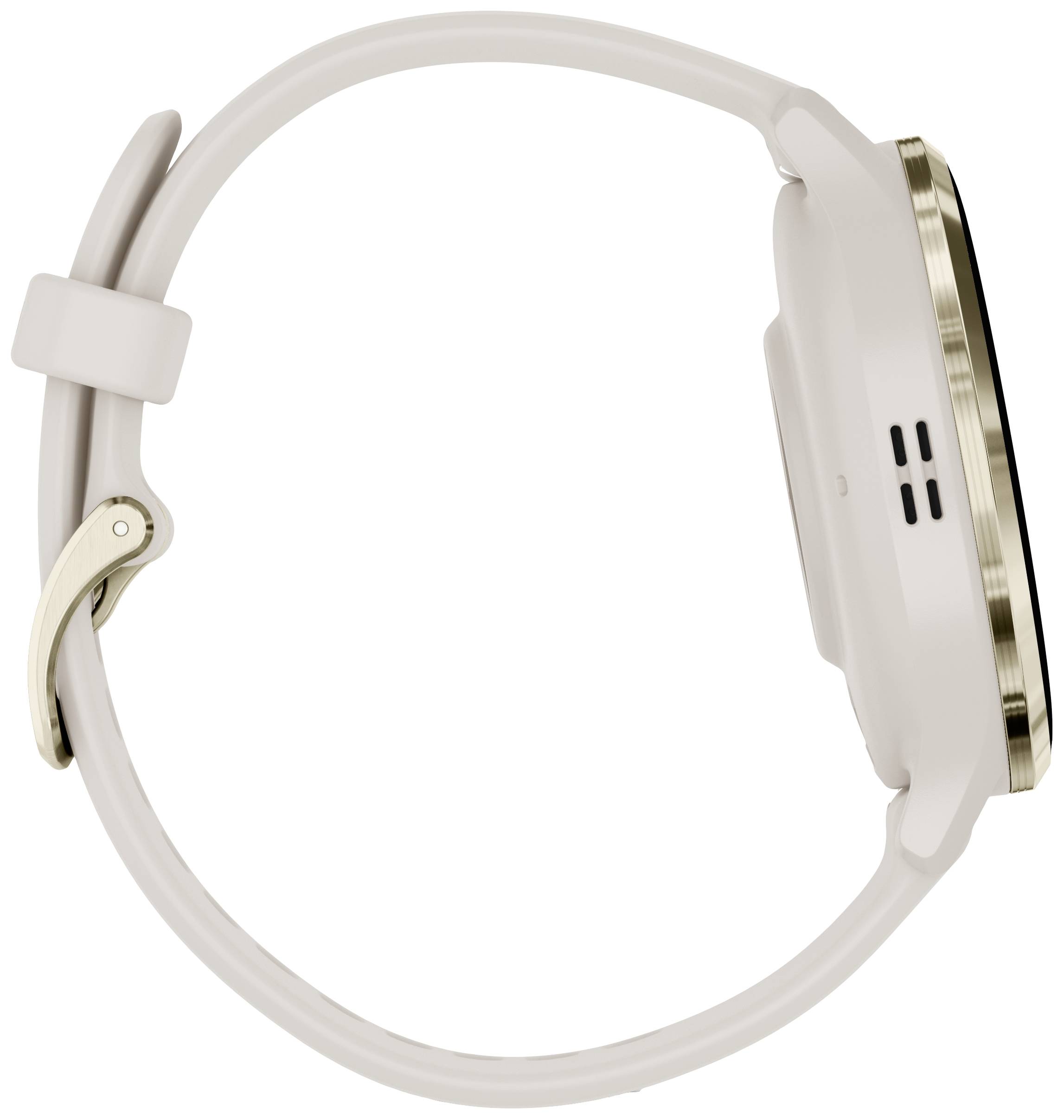 Kompakte Smartwatch mit rundem Zifferblatt und cremefarbenem Armband, seitliche Ansicht mit Fokus auf Gehäuse und Befestigung.