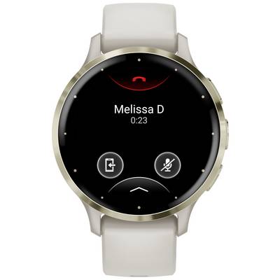 Ein Smartwatch-Display zeigt einen Anruf in der Mitte mit dem Namen 'Melissa D' und der Anrufzeit 0:23. Zwei Schaltflächen unten.
