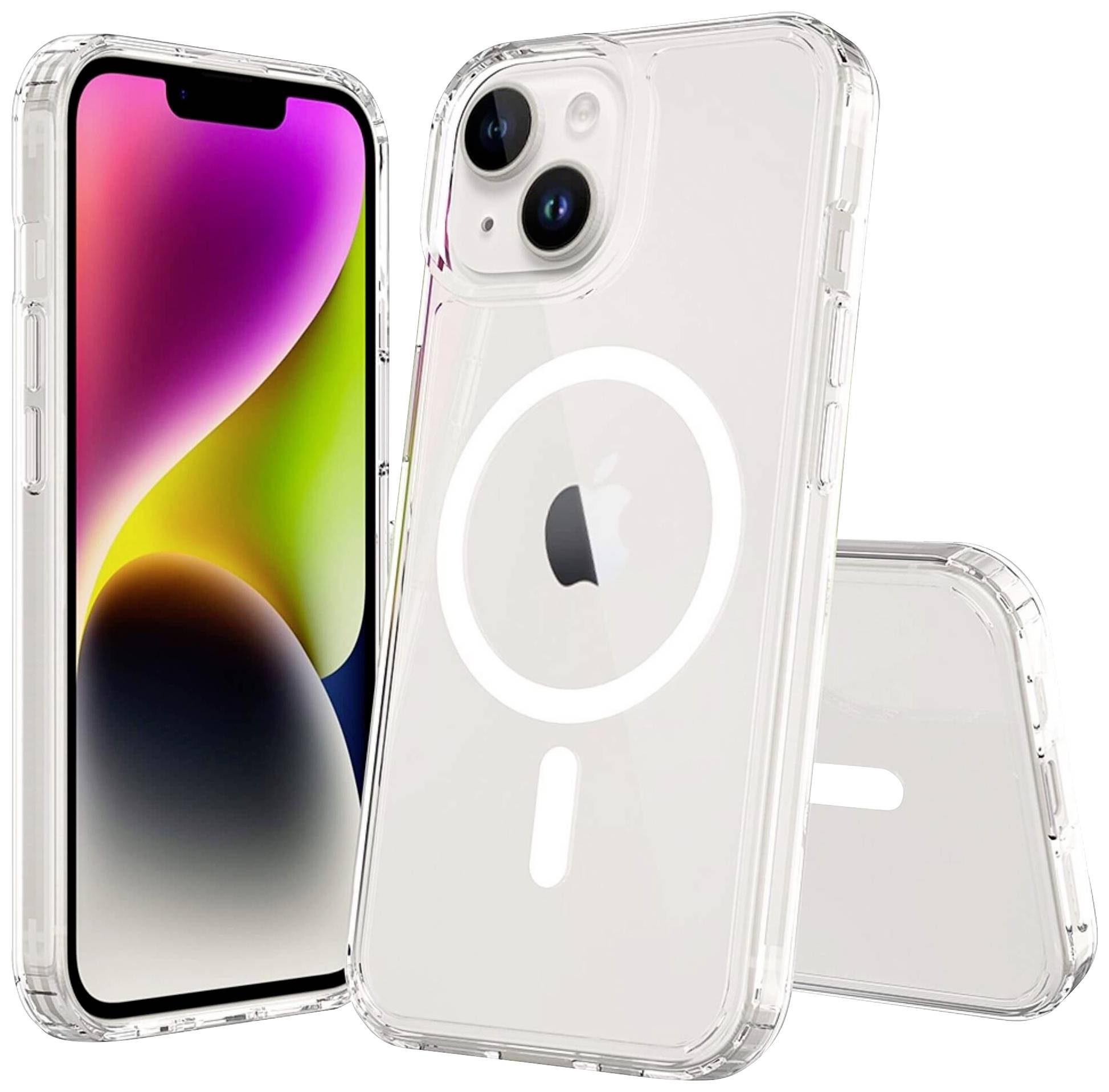 Transparente Handyhüllen für iPhones mit MagSafe-Unterstützung, präsentieren zwei Geräte in aufrechter und liegender Position.
