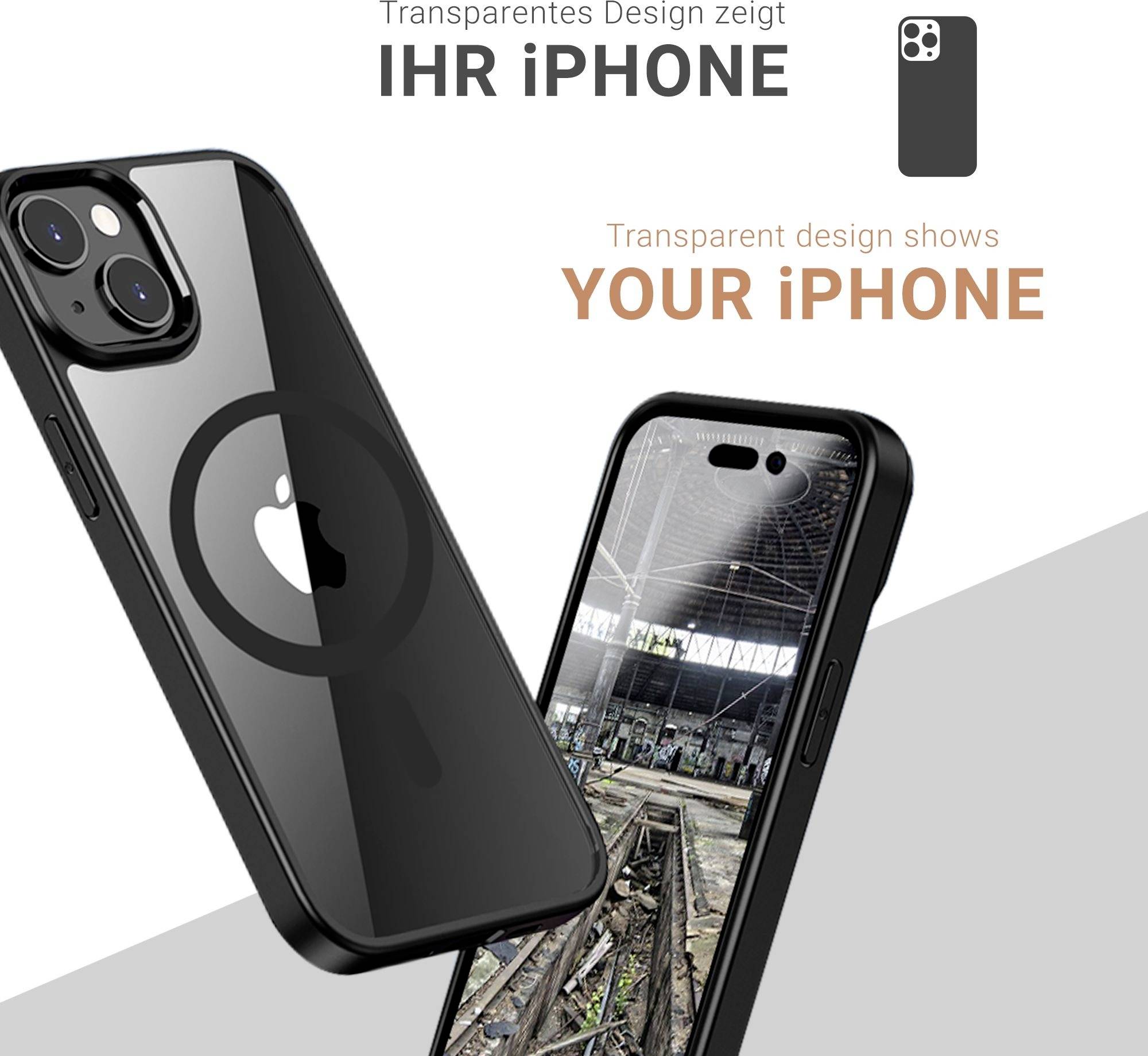 Transparente Handyhülle zeigt 'IHR iPHONE'. Rückseite mit Apple-Logo, Vorderansicht mit Schwarzweiß-Foto von Schienen in einer Halle.