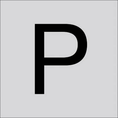 Schwarzer Großbuchstabe P mittig auf hellgrauem Hintergrund.