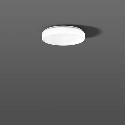 Weiße, runde Deckenleuchte auf grauem Hintergrund; minimalistisch und modern gestaltet.