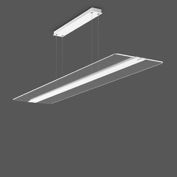 Moderne Hängelampe mit rechteckigem transparentem Glasschirm und integriertem LED-Licht vor grauem Hintergrund.