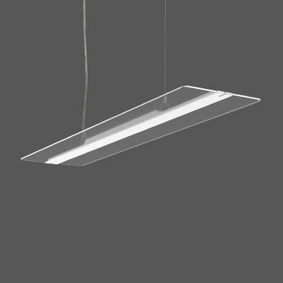 Eine moderne, rechteckige Hängelampe mit schmalem, transparentem Rahmen und integrierter LED-Leuchte, vor grauem Hintergrund.