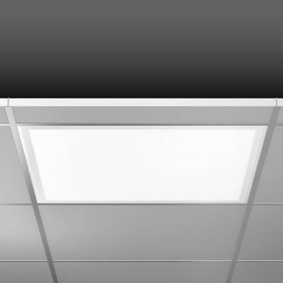 Eine helle LED-Deckenlampe in einem modernen Raum mit abgehängter Decke.