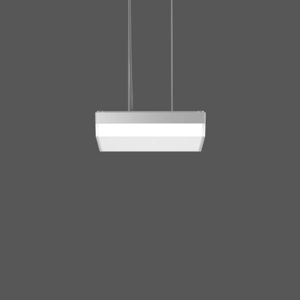 Eine moderne, rechteckige Hängelampe mit einem weißen Leuchtkörper hängt von der Decke vor einem grauen Hintergrund.