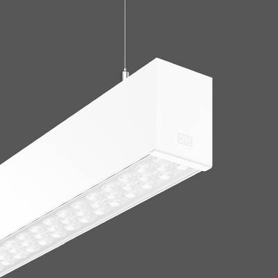 LED-Deckenleuchte in rechteckiger Form, weiß, an einem Kabel hängend, bietet gleichmäßige Ausleuchtung.