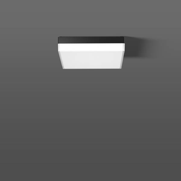 Eine moderne, quadratische Deckenleuchte mit schwarzem Rand und weißem Leuchtbereich, an einer grauen Wand montiert.