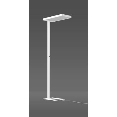 Stehende weiße Lampe mit rechteckigem Kopf auf grauem Hintergrund, Kabel liegt am Boden. Moderne, schlichte Designleuchte.