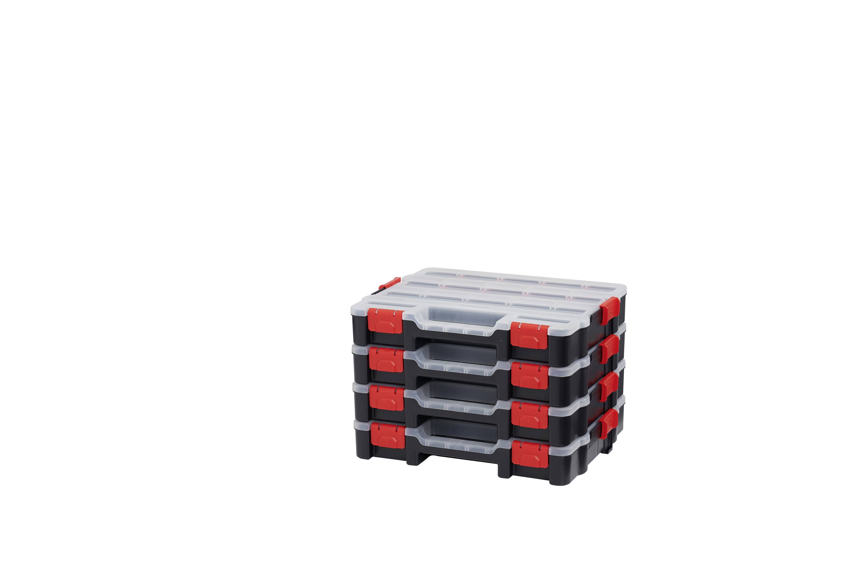 Ein Stapel von fünf schwarzen Aufbewahrungsboxen mit transparenten Deckeln und roten Verschlüssen, die Werkzeuge oder Kleinteile enthalten könnten.