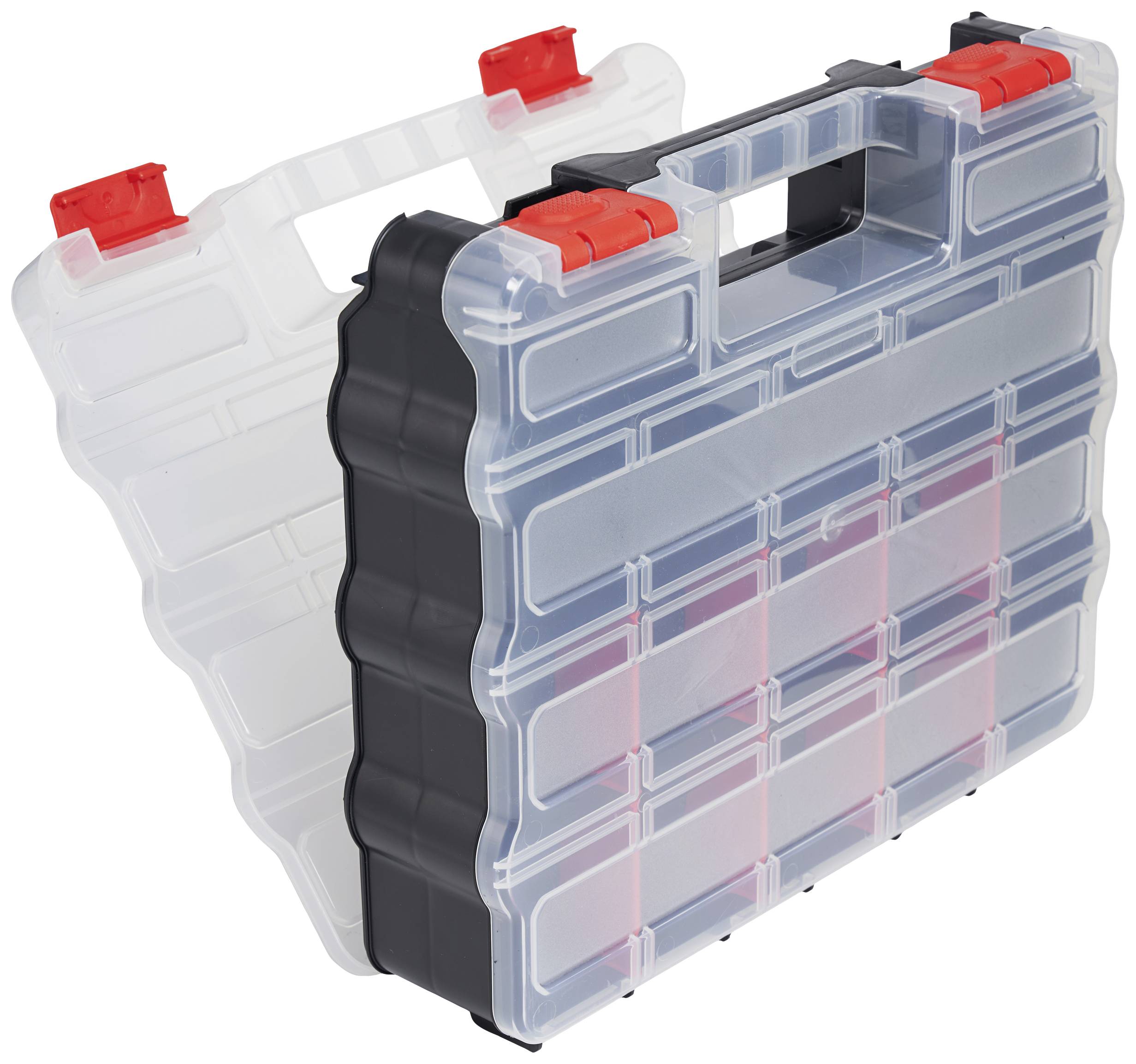 Ein transparenter, tragbarer Organizer mit Griff und roten Verschlüssen. Er ist gefüllt mit kleinen, quadratischen Fächern zur Aufbewahrung.