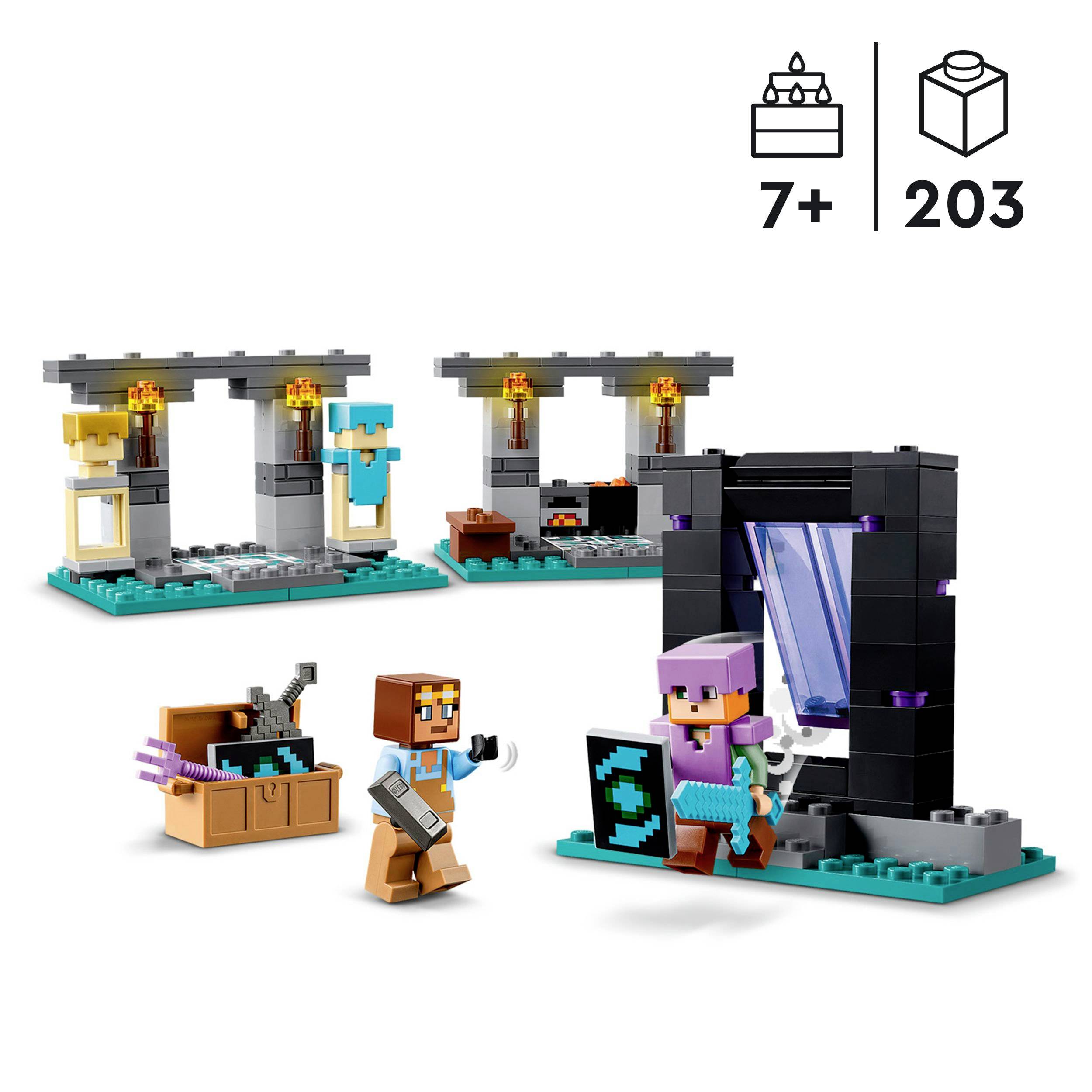 'LEGO Minecraft' Set mit portal, Figuren und Werkzeugen. Altersangabe: 7 Jahre, Teileanzahl: 203. Szenen im Minecraft-Stil.