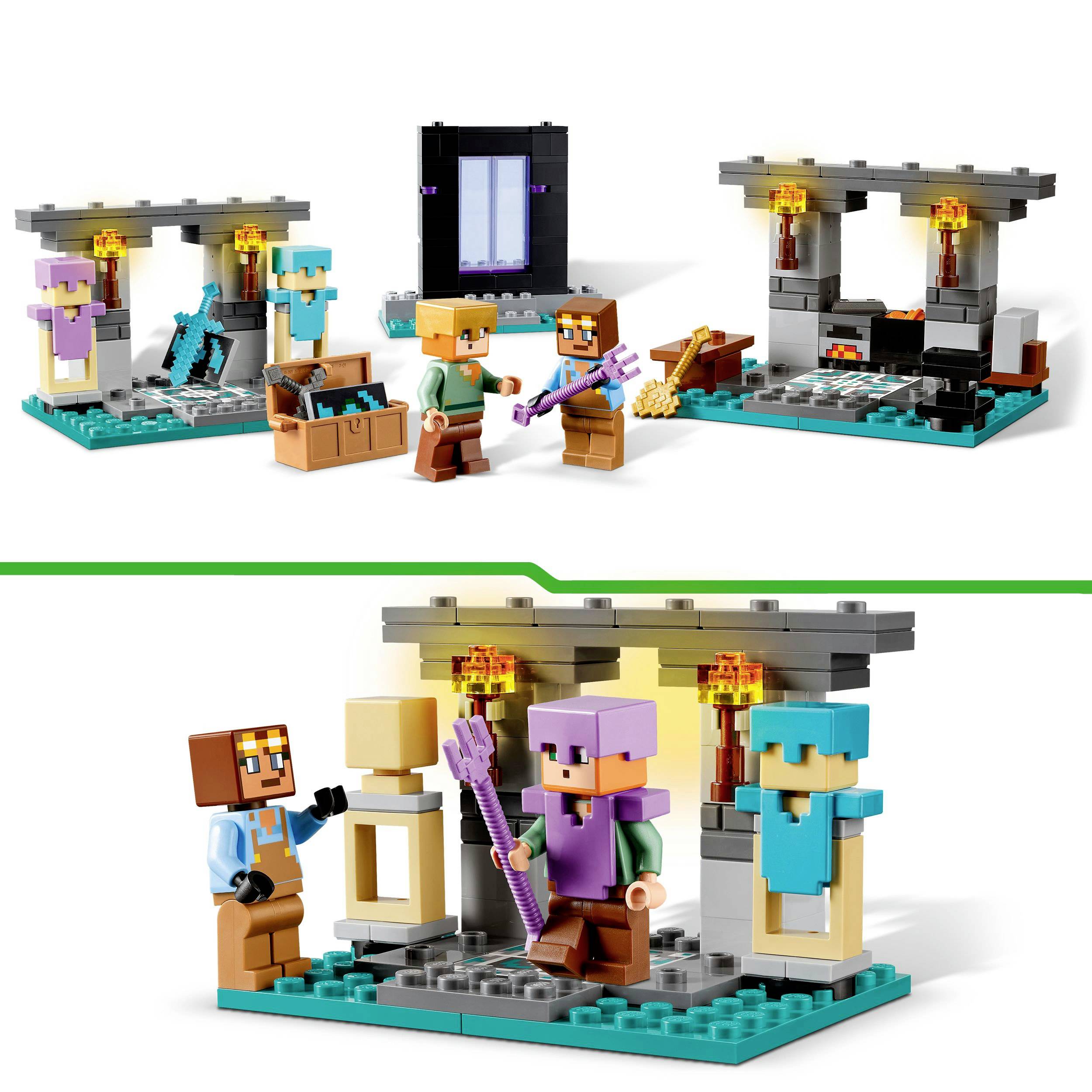 Eine Szene mit Minecraft-Figuren, die einen Konstruktionsabschnitt mit Rüstung und Ausrüstung zeigen, inklusive einer Schatztruhe und einer Portalstruktur.