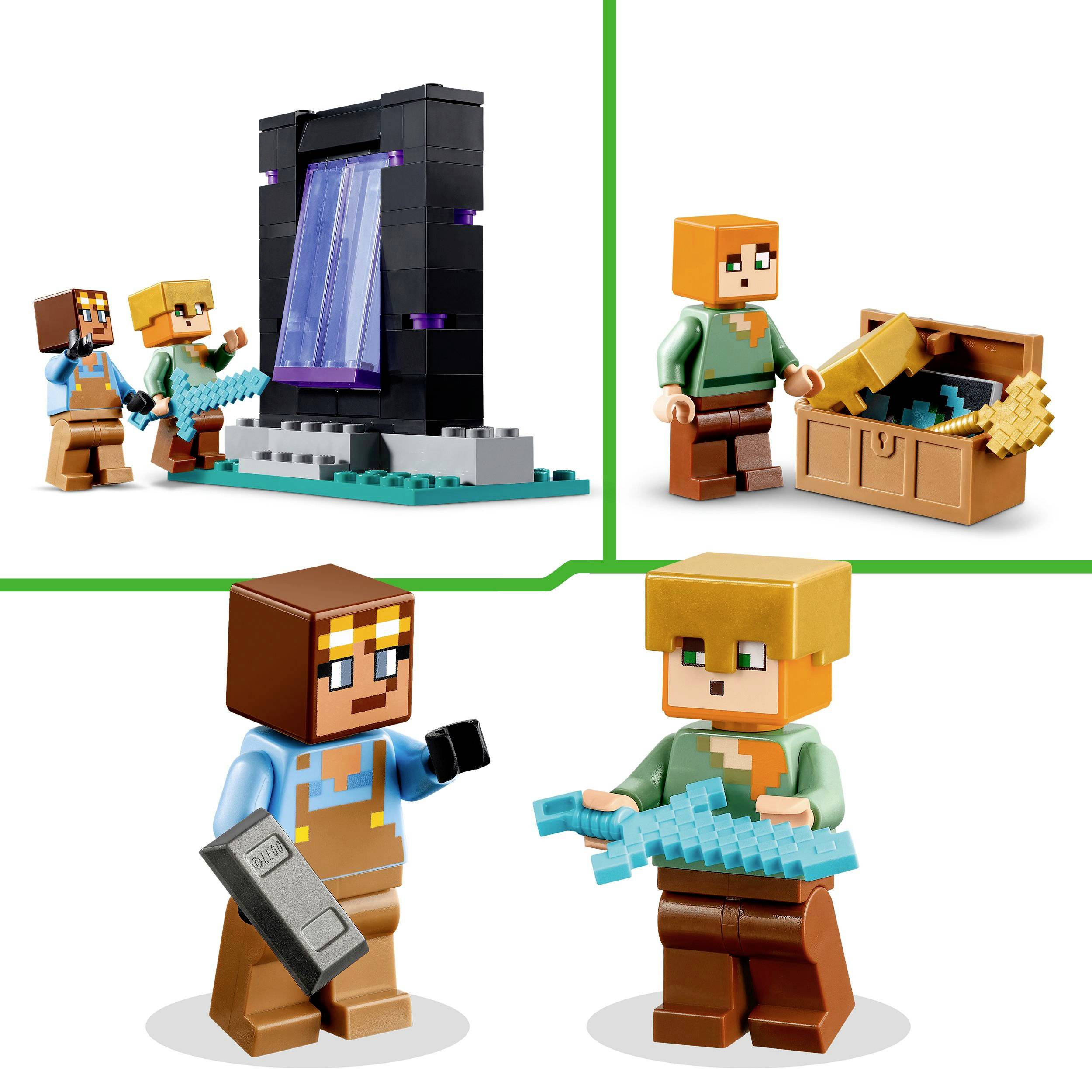 Spielzeugfiguren aus Plastik, die Minecraft-Charaktere darstellen. Eine Figur hält ein Schwert, eine andere öffnet eine Kiste.