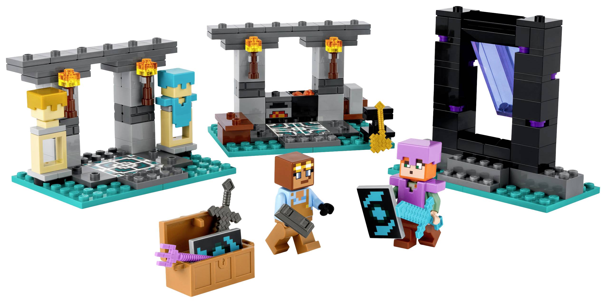 Spielfiguren mit Waffen und Schilde stehen vor Minecraft-Bauwerken, darunter ein schwarzes Portal. Eine Schatztruhe ist geöffnet.