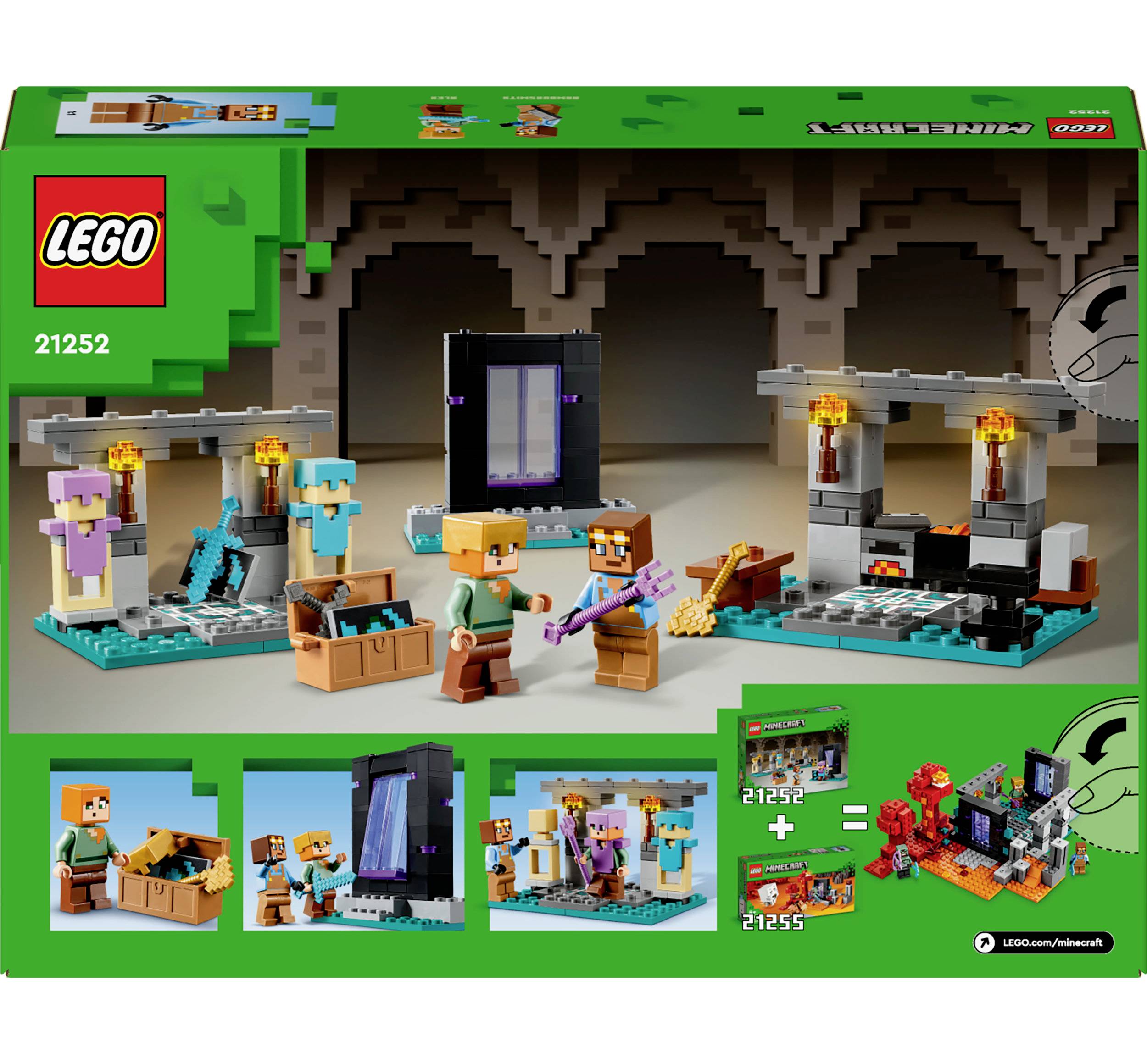 Die Lego-Box 'Minecraft' zeigt Figuren in einer festungsähnlichen Szene mit Ausrüstung und einem Portal. Modellnummer 21252 ist hervorgehoben.