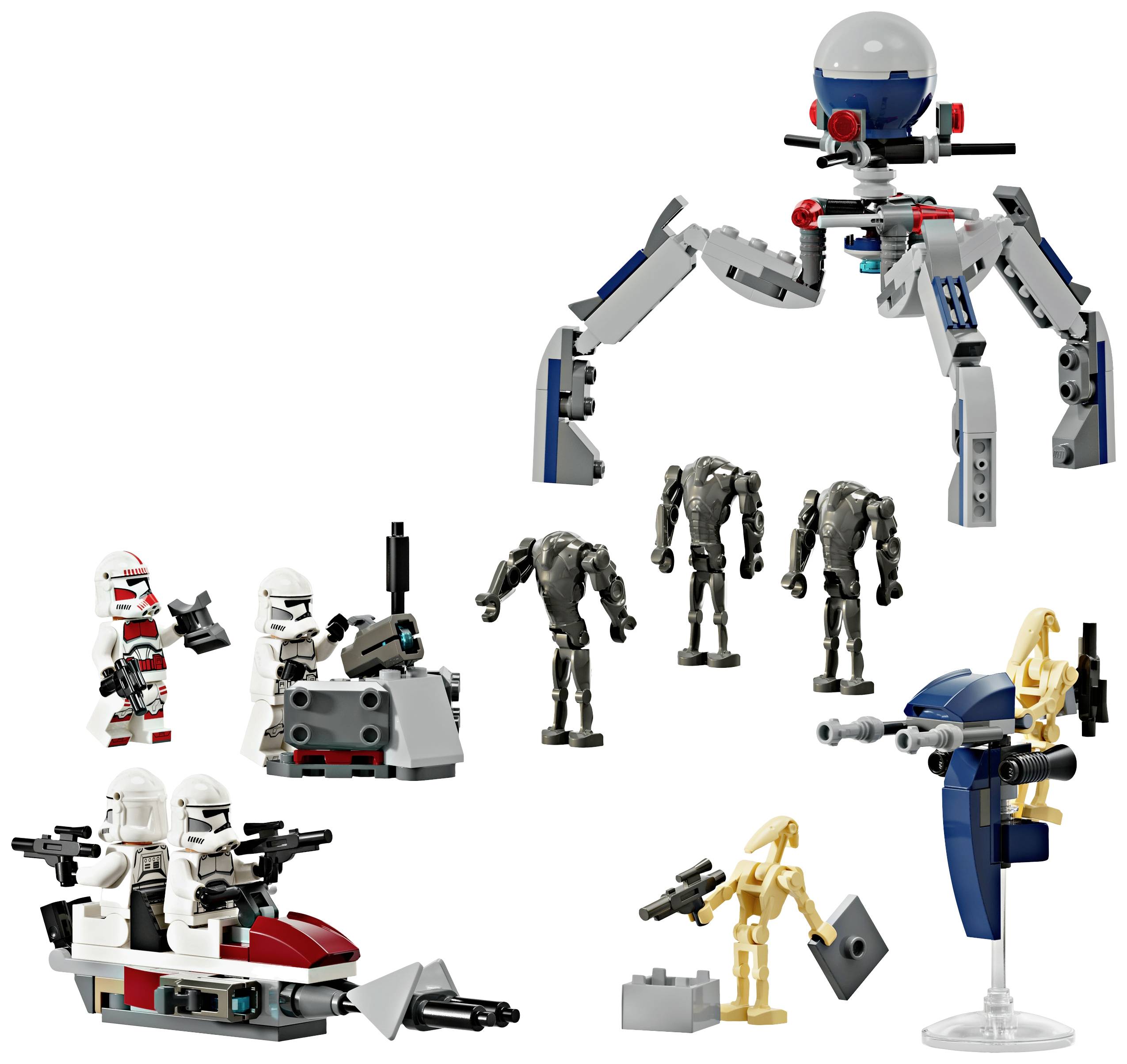 Lego-Bausatz: Figuren und Fahrzeuge, darunter Klone mit Speeder, Droiden und Raketenstellung, thematisch aus einer futuristischen Welt.