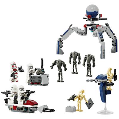 Lego-Bausatz: Figuren und Fahrzeuge, darunter Klone mit Speeder, Droiden und Raketenstellung, thematisch aus einer futuristischen Welt.