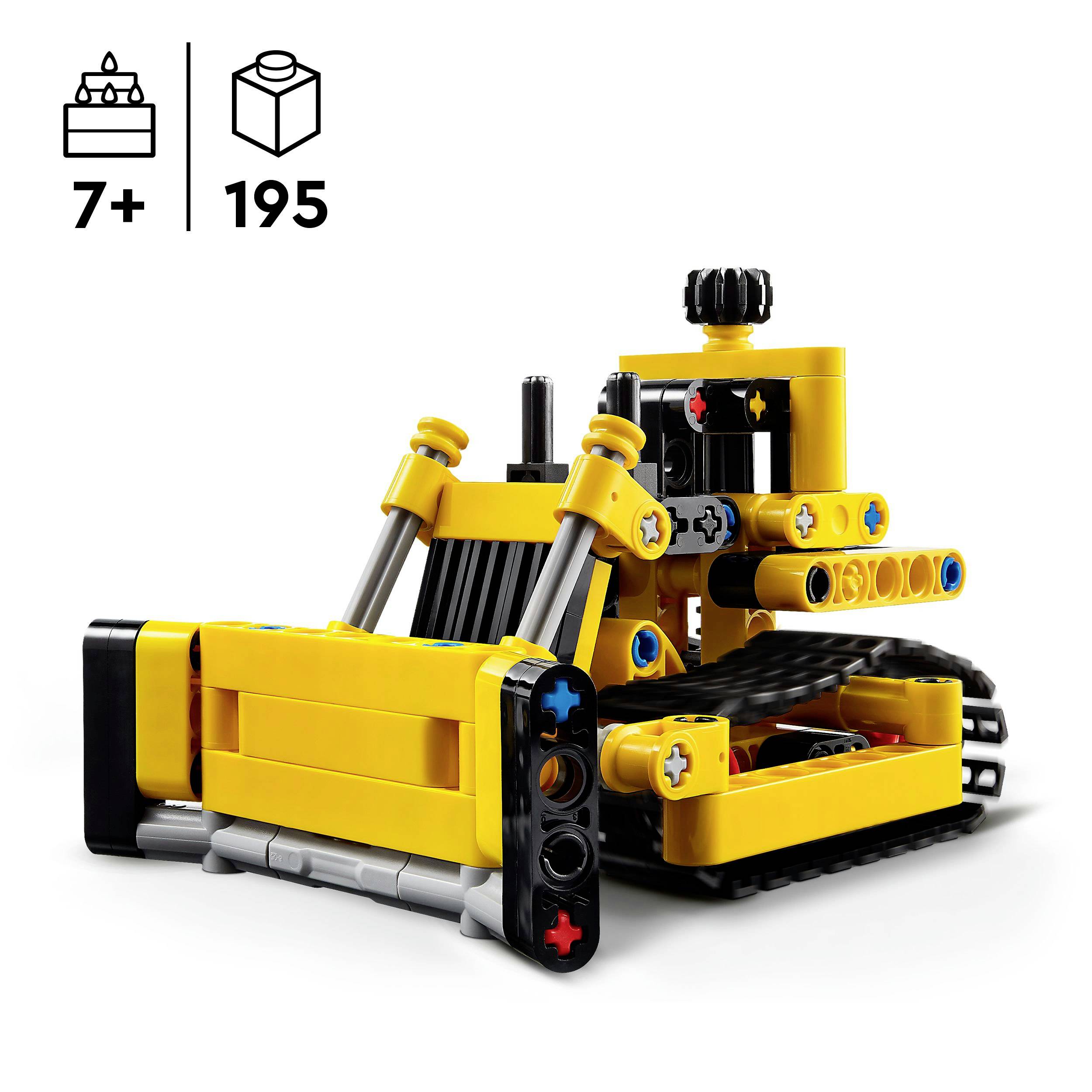 Gelbes Bulldozer-Spielzeug aus 195 Lego-Teilen, geeignet für Kinder ab 7 Jahren. Enthält bewegliche Teile und Bauschritte.