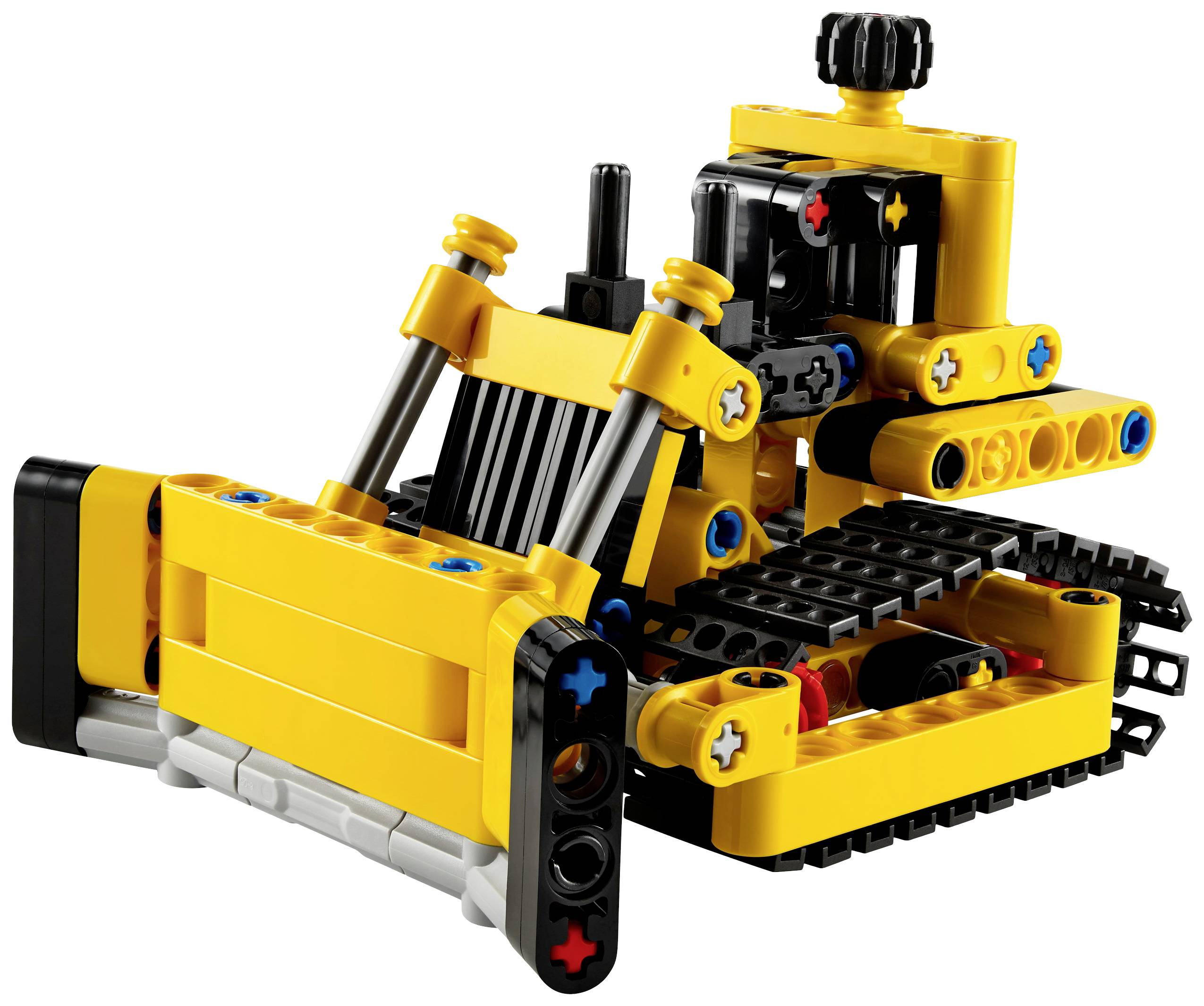 Ein gelbes LEGO-Modell eines Bulldozers mit beweglicher Schaufel und Ketten, aus verschiedenen Bausteinen zusammengesteckt.