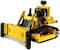 Ein gelbes LEGO-Modell eines Bulldozers mit beweglicher Schaufel und Ketten, aus verschiedenen Bausteinen zusammengesteckt.