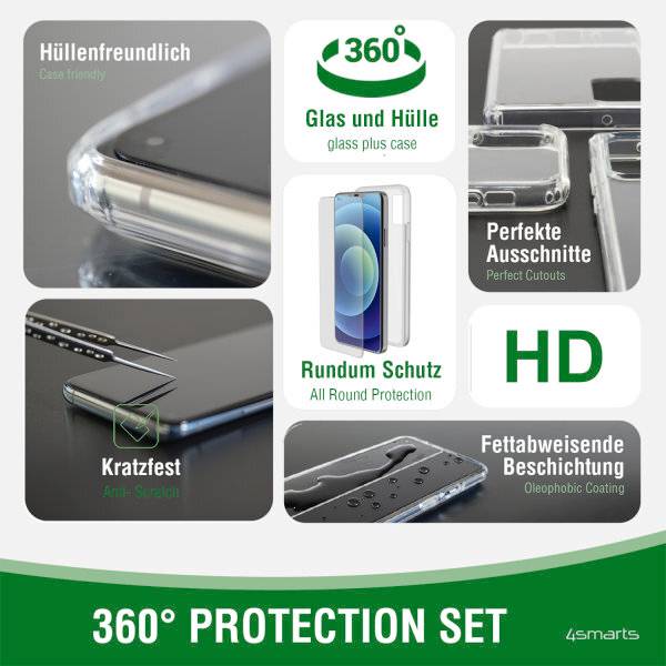 '360° Protection Set' mit Glas und Hülle. Merkmale: hüllenfreundlich, kratzfest, perfekte Ausschnitte, fettabweisend, HD.
