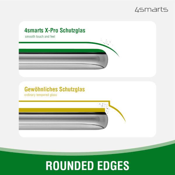 Oben: '4smarts X-Pro Schutzglas' mit abgerundeten Kanten. Unten: 'Gewöhnliches Schutzglas' ohne abgerundete Kanten.