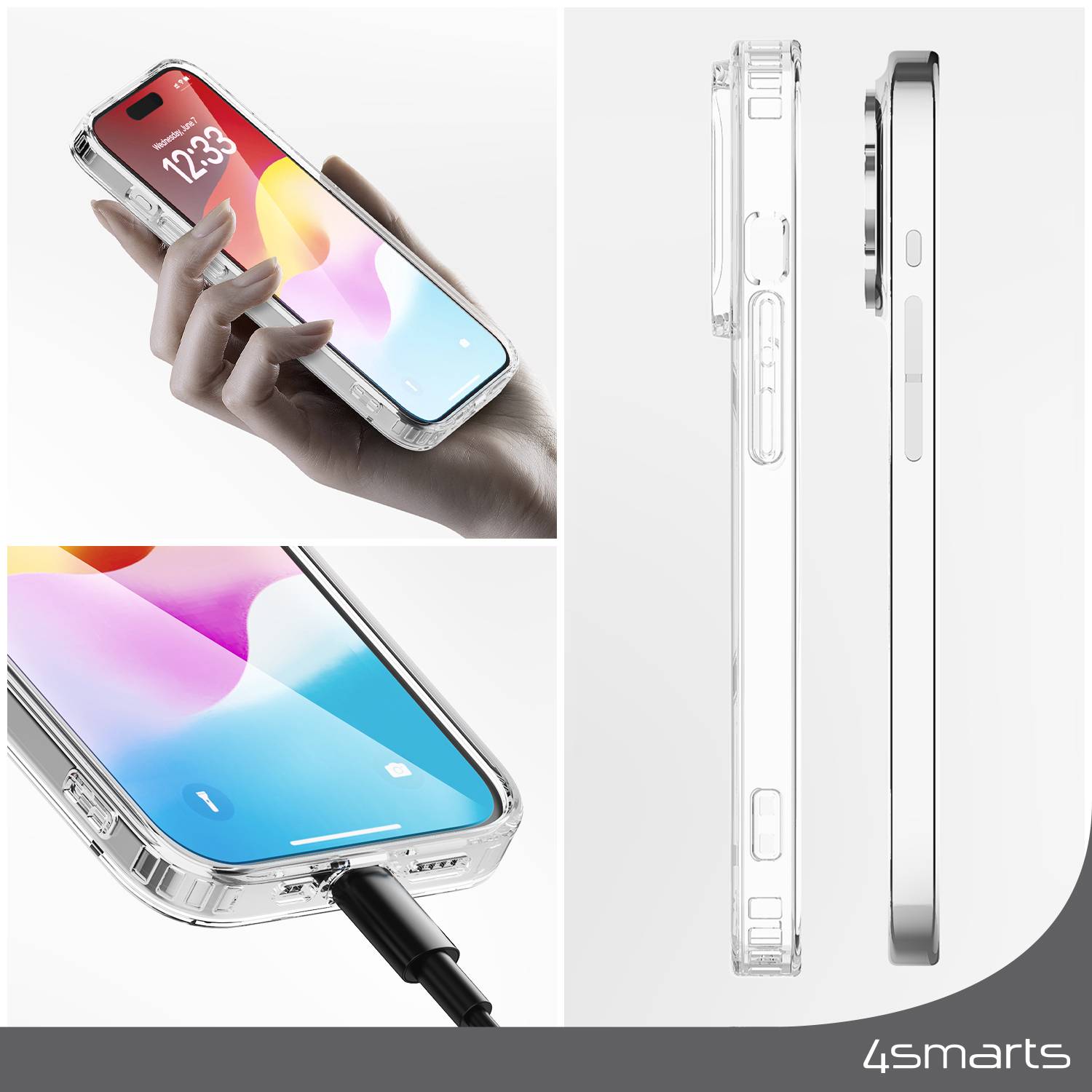 Eine Hand hält ein Smartphone mit einer transparenten Hülle. Nahaufnahme des Ladeanschlusses. Seitliche Ansicht der Hülle.